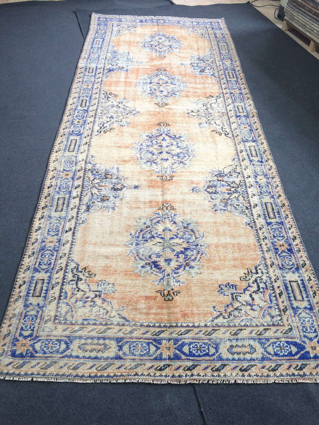 Navy Turkish Runner Rug 4' 8" x 12' Hand-Knotted detail