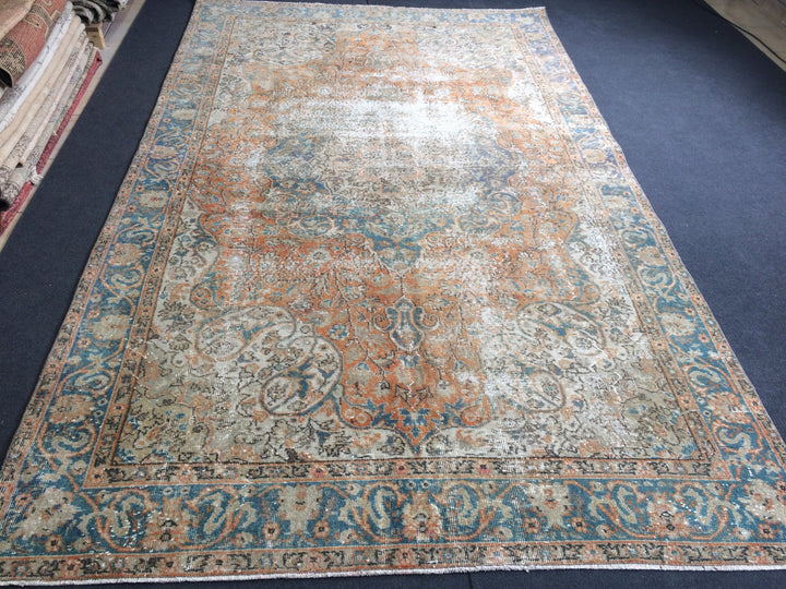Beige Turkish Distressed Runner Rug 6' 4" x 10' 6" Hand-Knotted | No. WR89991