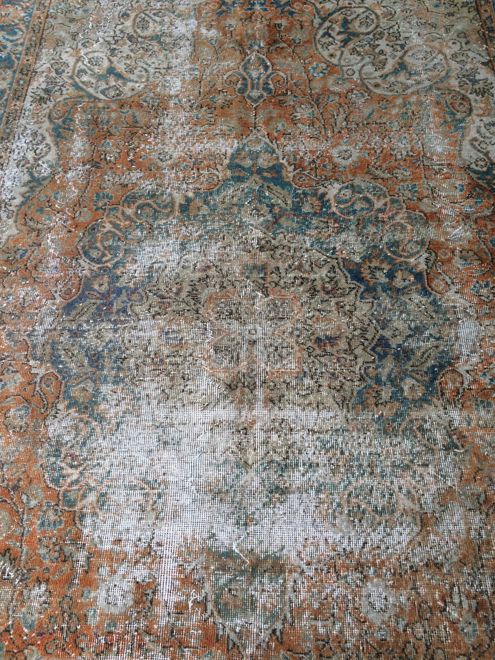 Beige Turkish Distressed Runner Rug 6' 4" x 10' 6" Hand-Knotted | No. WR89991