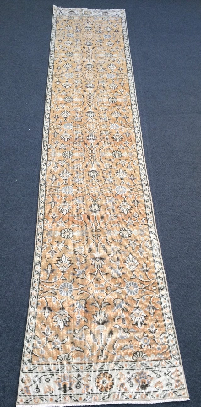 Beige Turkish Distressed Runner Rug 2' x 10' Hand-Knotted | No. WR88118