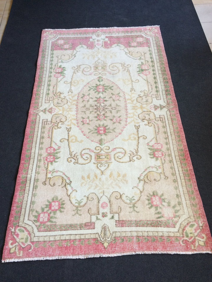 Pink Turkish Oushak Runner Rug 2'7" x 9'8" Hand-Knotted detail