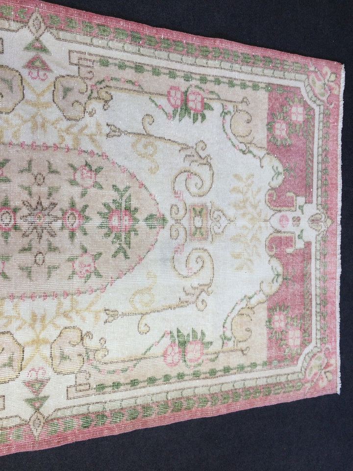 Pink Turkish Oushak Runner Rug 2'7" x 9'8" Hand-Knotted close-up