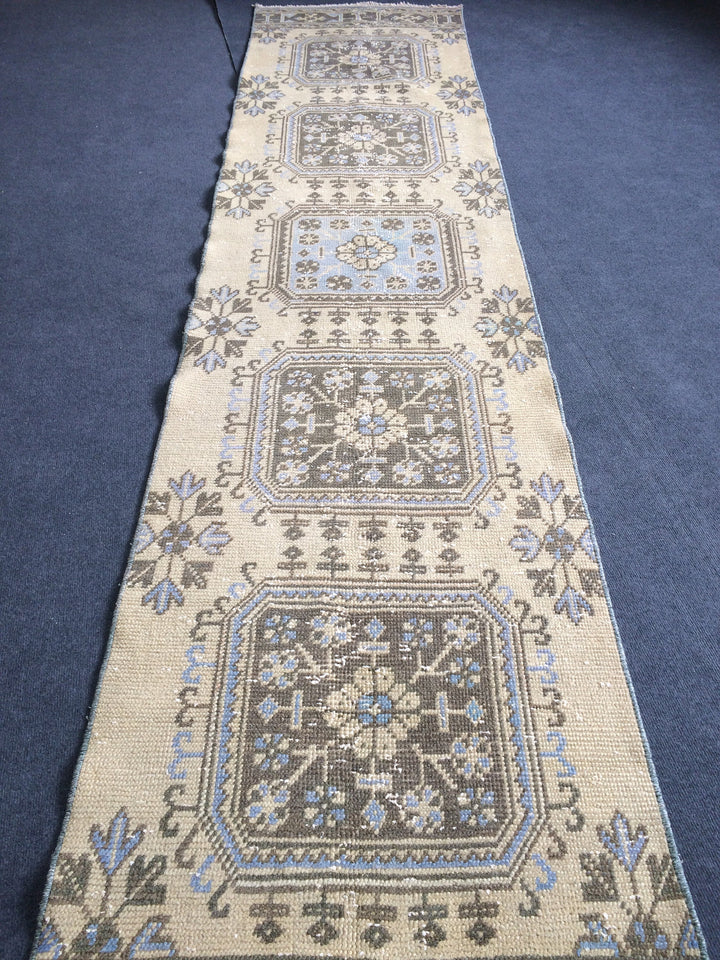 Beige Turkish Runner Rug 2' 8" x 12' Hand-Knotted reverse