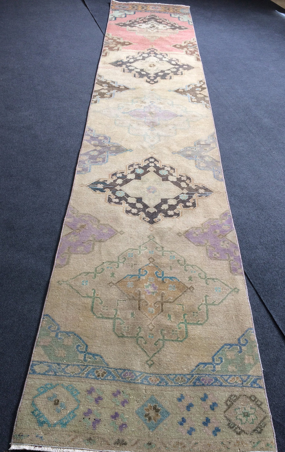 Beige Turkish Runner Rug 2' 8" x 13' 6" Hand-Knotted border