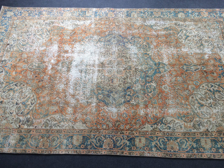 Beige Turkish Distressed Runner Rug 6' 4" x 10' 6" Hand-Knotted | No. WR89991