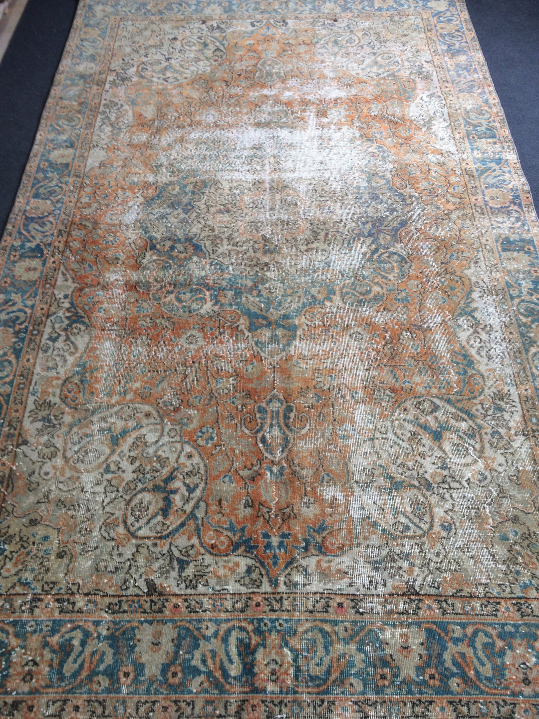 Beige Turkish Distressed Runner Rug 6' 4" x 10' 6" Hand-Knotted | No. WR89991