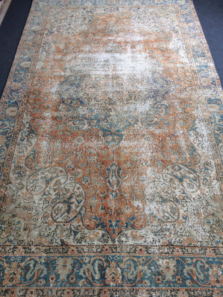 Beige Turkish Distressed Runner Rug 6' 4" x 10' 6" Hand-Knotted | No. WR89991