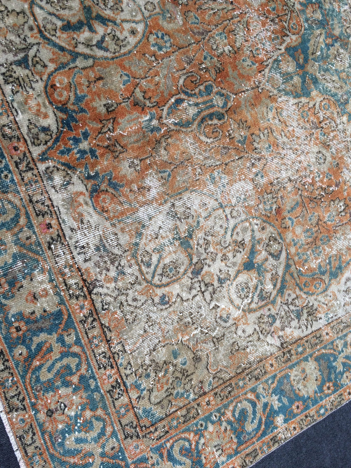 Beige Turkish Distressed Runner Rug 6' 4" x 10' 6" Hand-Knotted | No. WR89991