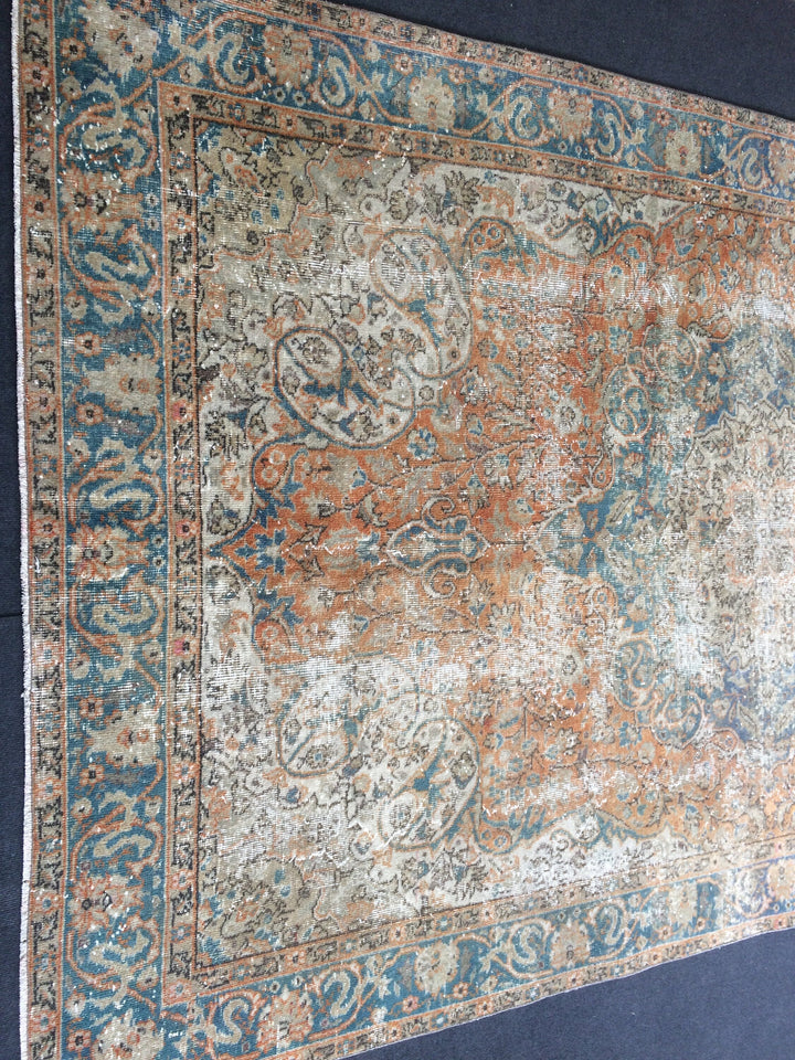 Beige Turkish Distressed Runner Rug 6' 4" x 10' 6" Hand-Knotted | No. WR89991