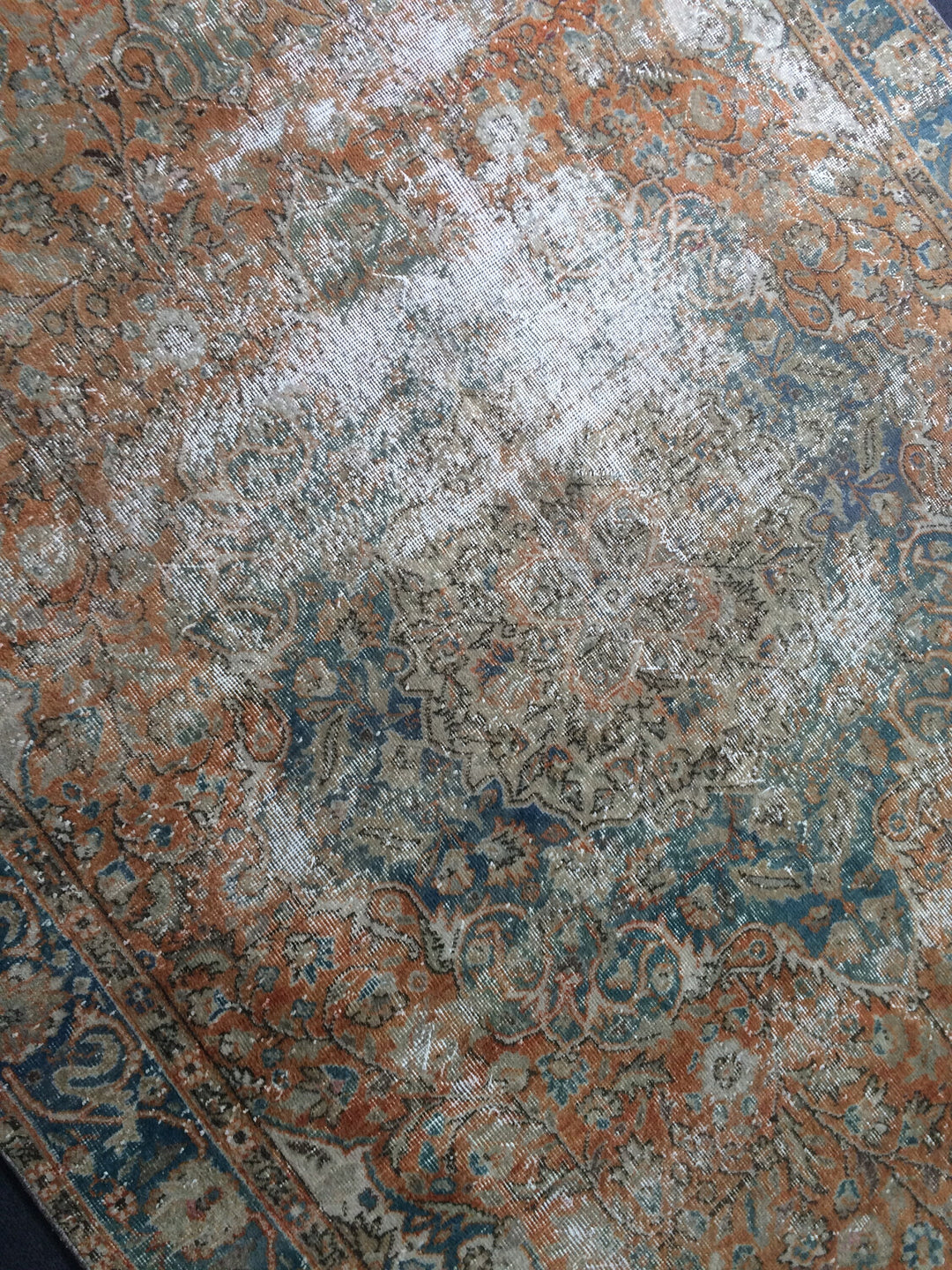 Beige Turkish Distressed Runner Rug 6' 4" x 10' 6" Hand-Knotted | No. WR89991