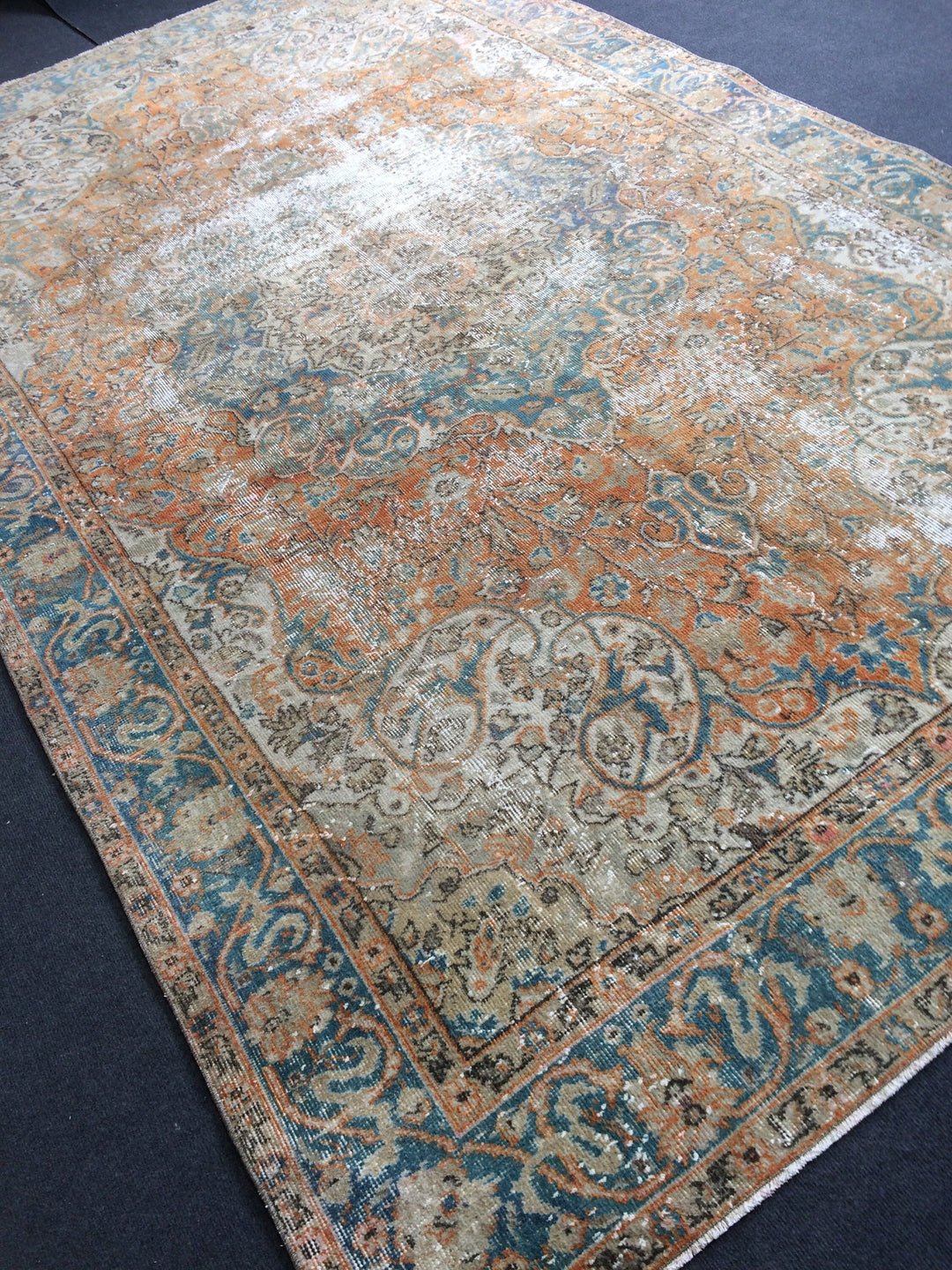 Beige Turkish Distressed Runner Rug 6' 4" x 10' 6" Hand-Knotted | No. WR89991