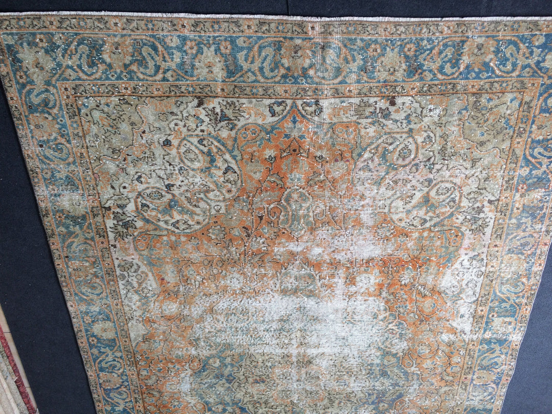 Beige Turkish Distressed Runner Rug 6' 4" x 10' 6" Hand-Knotted | No. WR89991