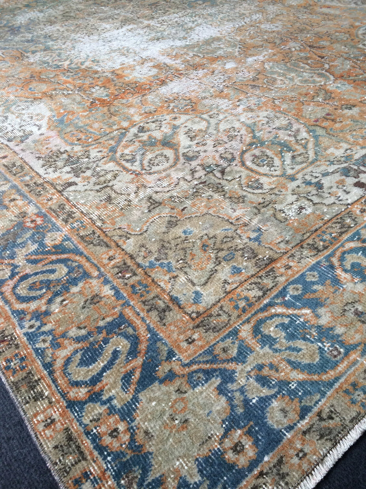 Beige Turkish Distressed Runner Rug 6' 4" x 10' 6" Hand-Knotted | No. WR89991