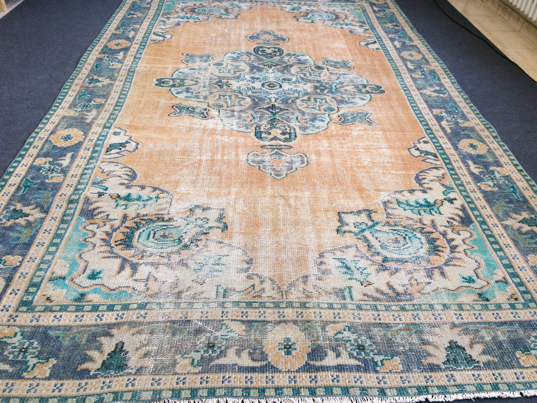 Beige Turkish Runner Rug 7' x 11' 5" Hand-Knotted close-up