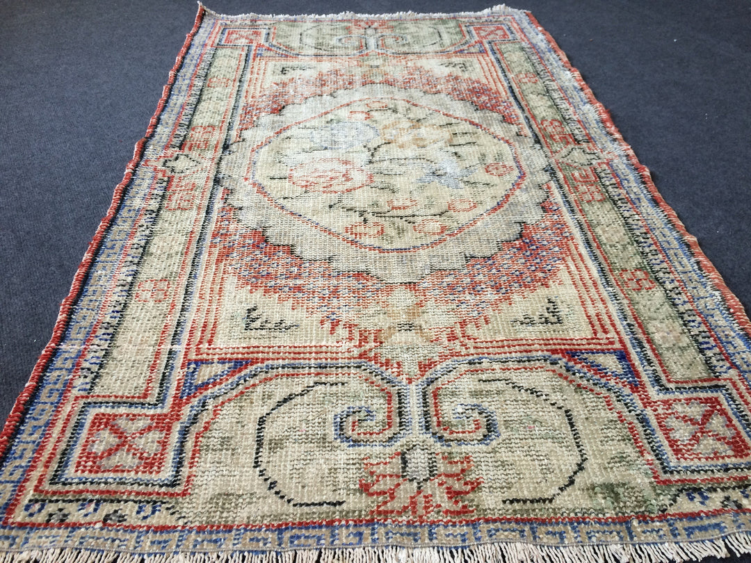 Beige Turkish Distressed Runner Rug 2' 1" x 4' 11" Hand-Knotted | No. WR24038