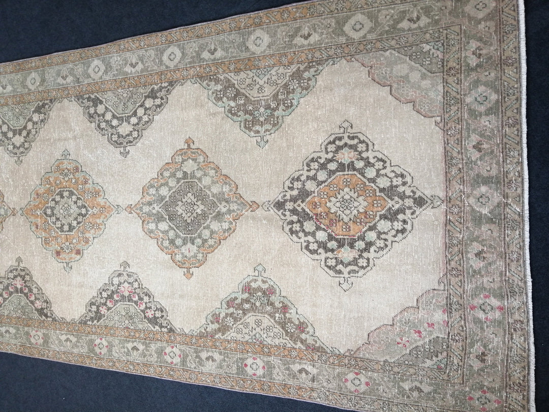 Beige Turkish Runner Rug 5' x 12' 8" Hand-Knotted border