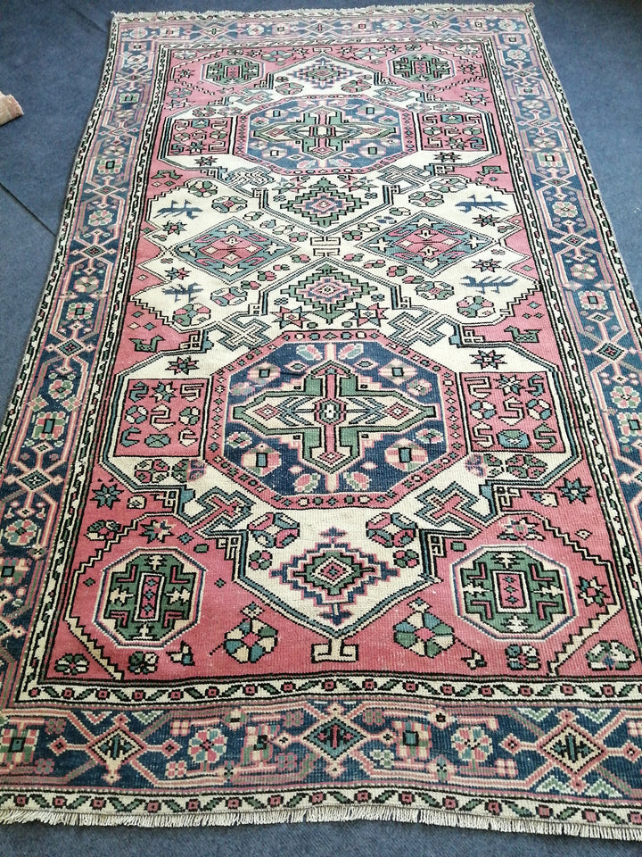 Pink Turkish Runner Rug 4' 5" x 7' 8" Hand-Knotted