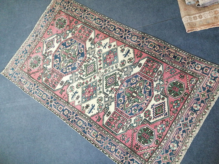 Pink Turkish Runner Rug 4' 5" x 7' 8" Hand-Knotted border