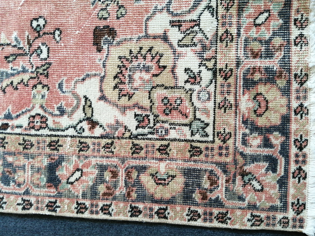 Beige Turkish Distressed Runner Rug 3' 8" x 7' Hand-Knotted | No. WR35780