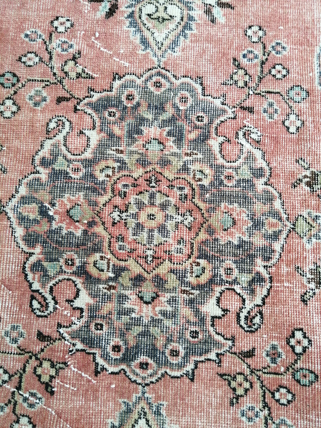 Beige Turkish Distressed Runner Rug 3' 8" x 7' Hand-Knotted | No. WR35780