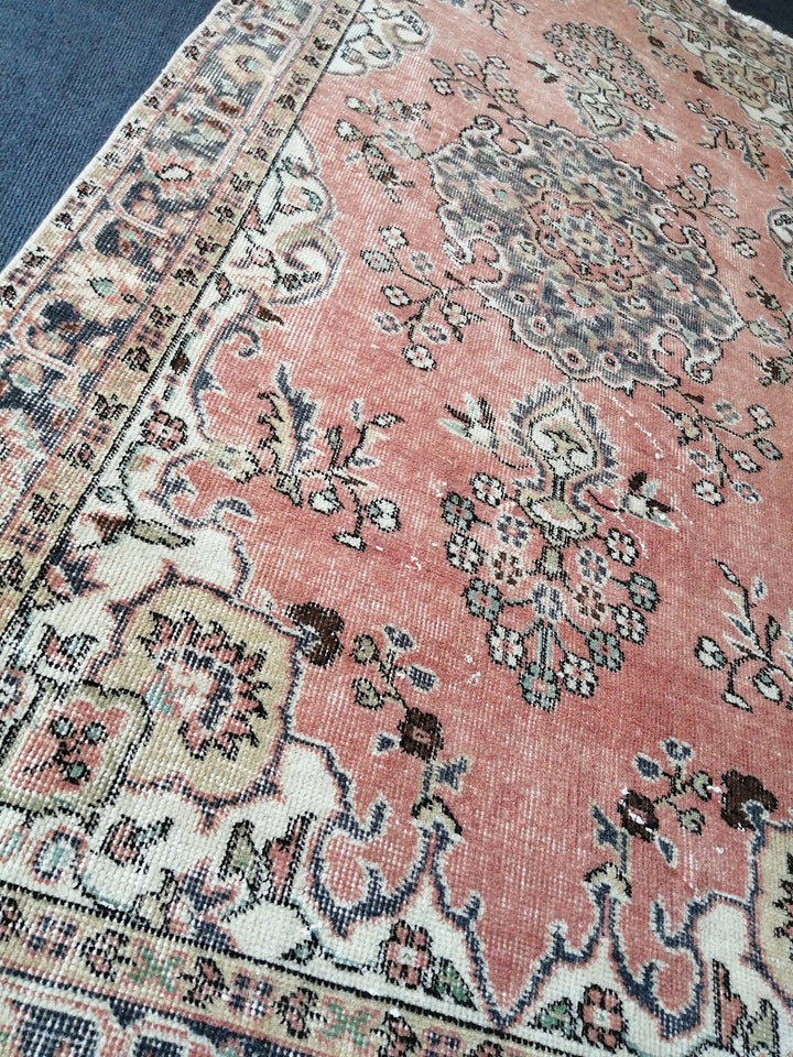 Beige Turkish Distressed Runner Rug 3' 8" x 7' Hand-Knotted | No. WR35780