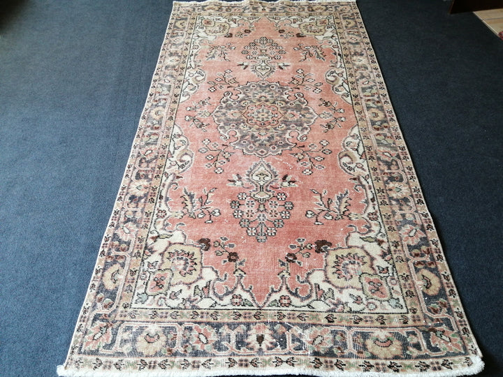 Beige Turkish Distressed Runner Rug 3' 8" x 7' Hand-Knotted | No. WR35780