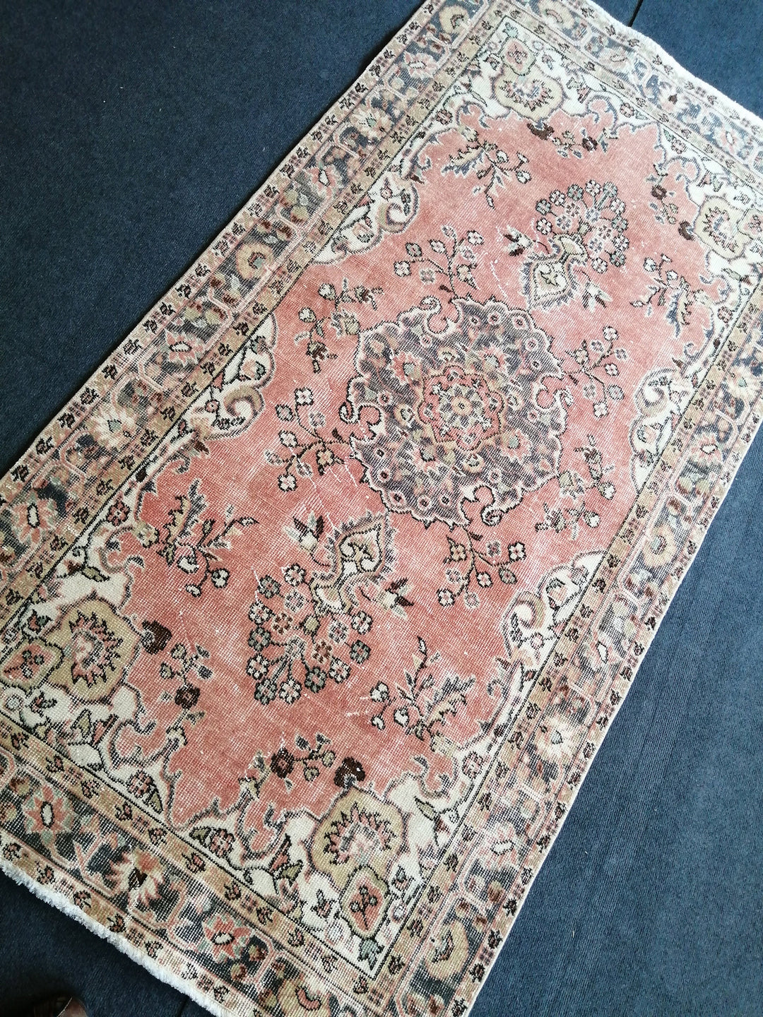 Beige Turkish Distressed Runner Rug 3' 8" x 7' Hand-Knotted | No. WR35780
