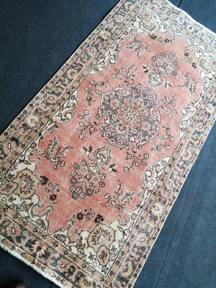 Beige Turkish Distressed Runner Rug 3' 8" x 7' Hand-Knotted | No. WR35780