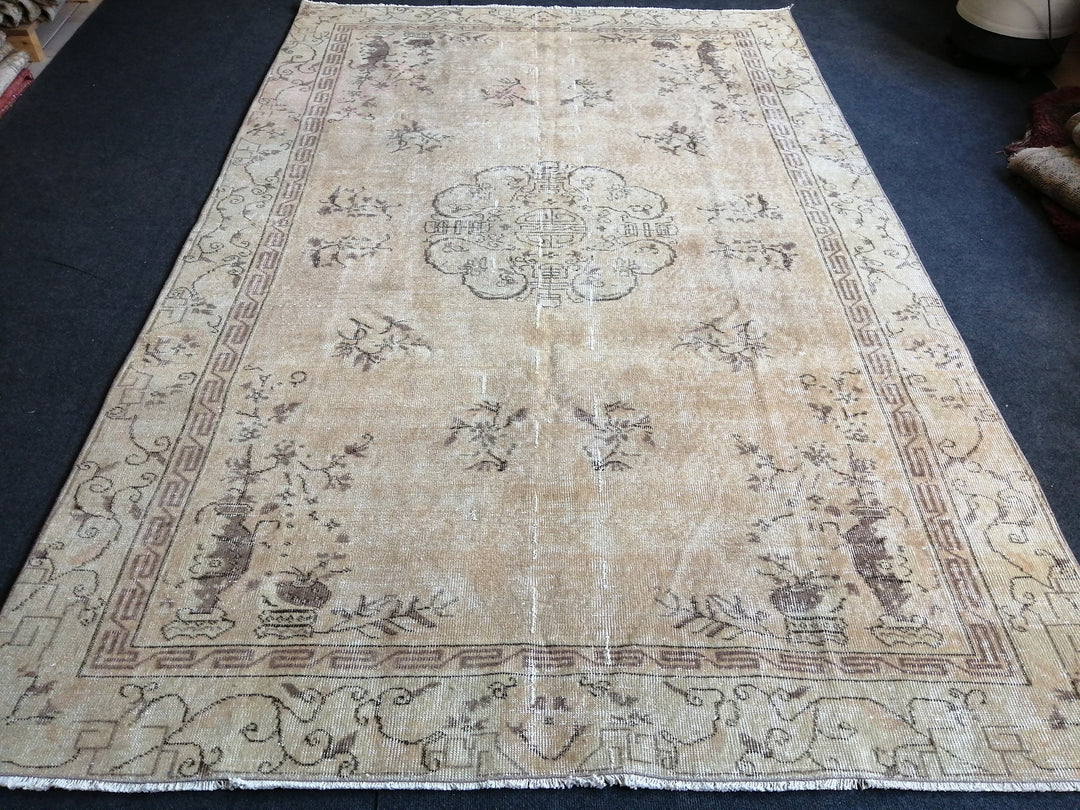 Beige Turkish Runner Rug 6' x 9' 4" Hand-Knotted