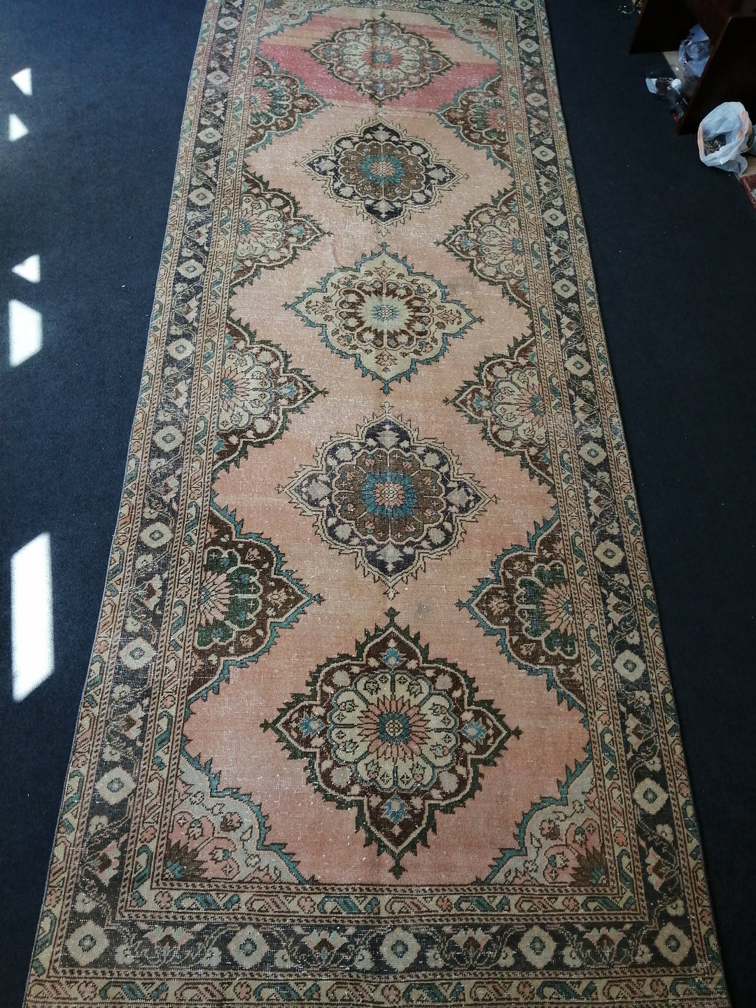Beige Turkish Runner Rug 4' 10" x 12' 7" Hand-Knotted pattern