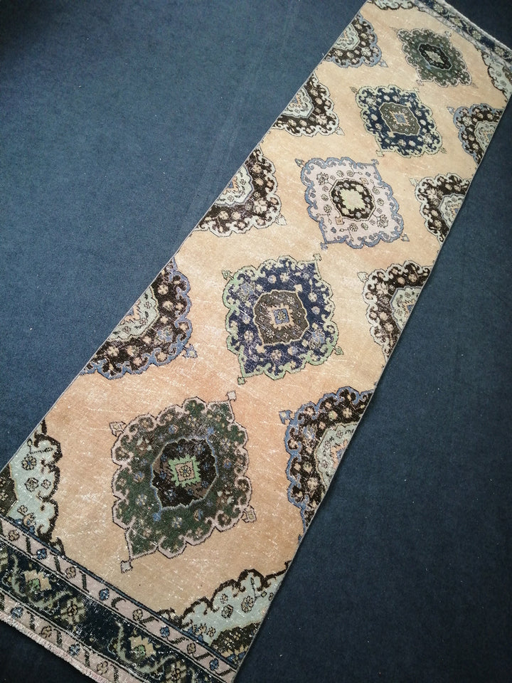 Beige Turkish Runner Rug 3' 4" x 12' 8" Hand-Knotted field