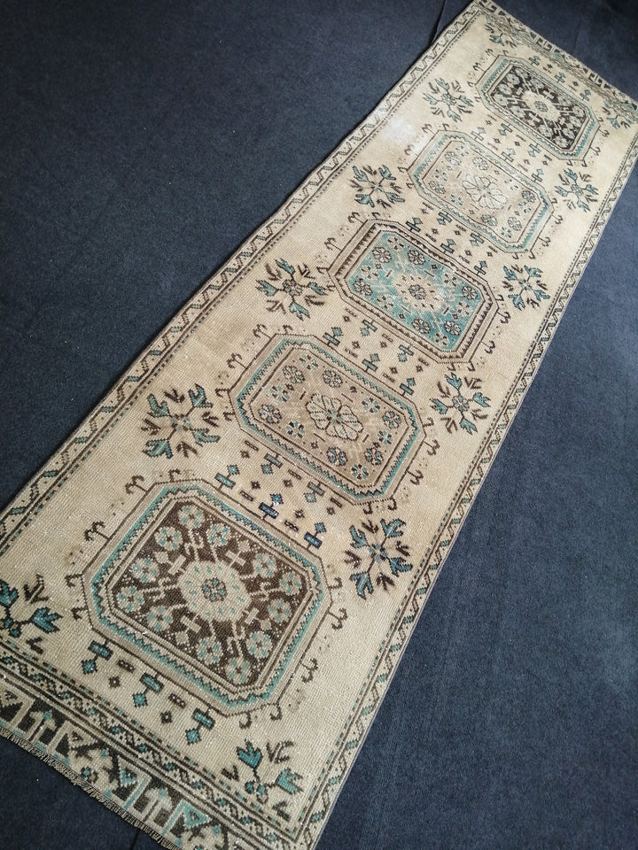 Beige Turkish Runner Rug 3' x 10' 10" Hand-Knotted