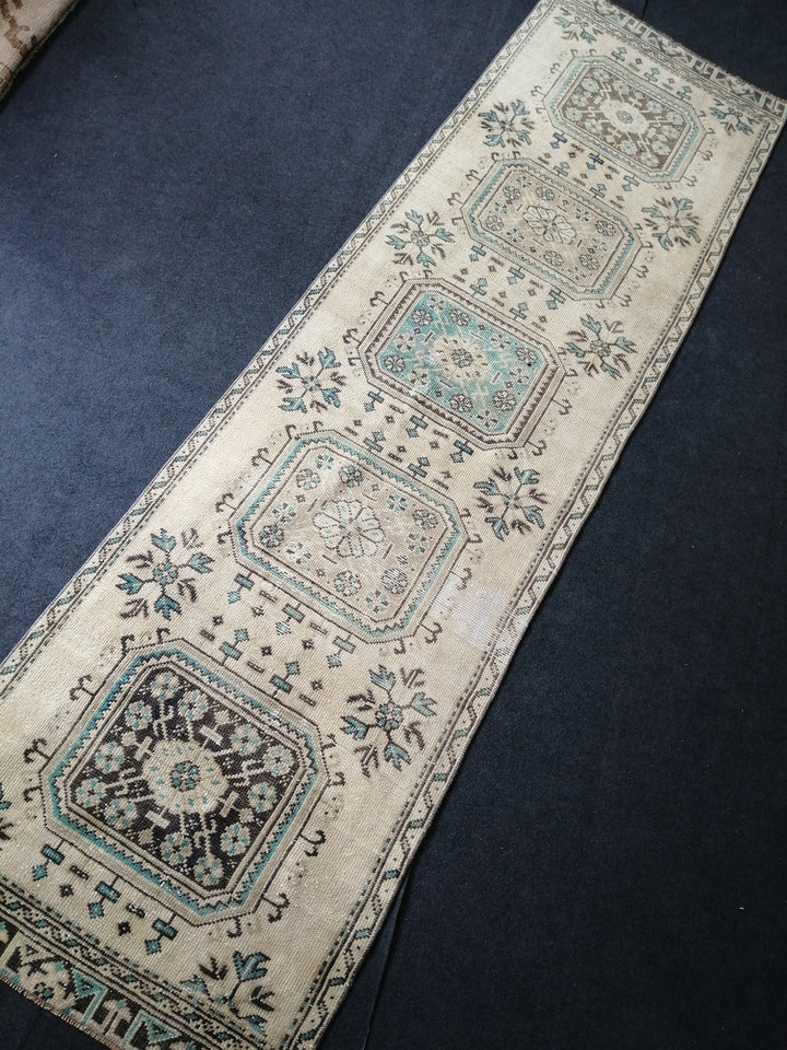 Beige Turkish Runner Rug 3' x 10' 10" Hand-Knotted field