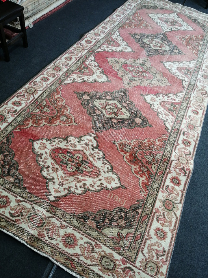 Beige Turkish Runner Rug 4' 10" x 11' 11" Hand-Knotted reverse