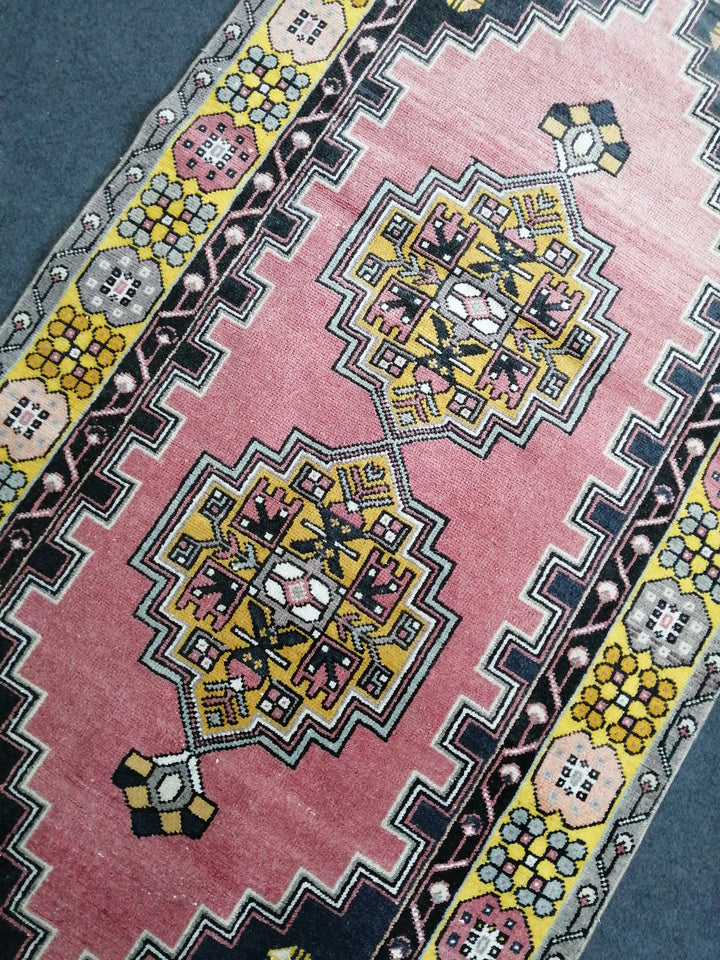 Pink Turkish Runner Rug 3' 10" x 7' 4" Hand-Knotted close-up