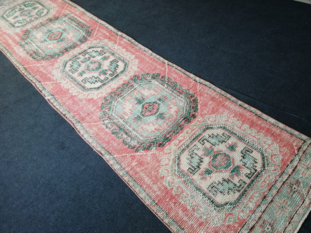 Pink Turkish Runner Rug 3' x 12' Hand-Knotted