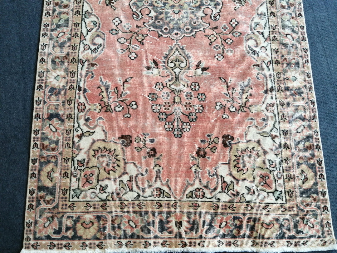 Beige Turkish Distressed Runner Rug 3' 8" x 7' Hand-Knotted | No. WR35780