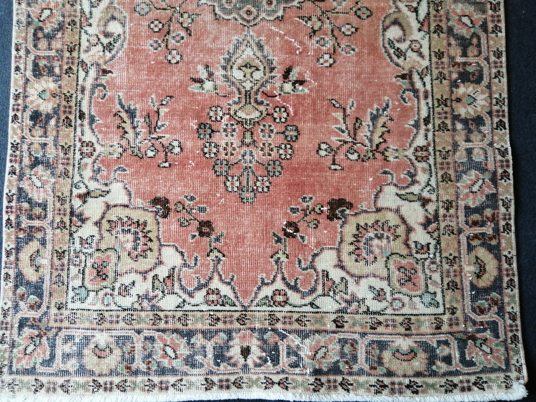 Beige Turkish Distressed Runner Rug 3' 8" x 7' Hand-Knotted | No. WR35780