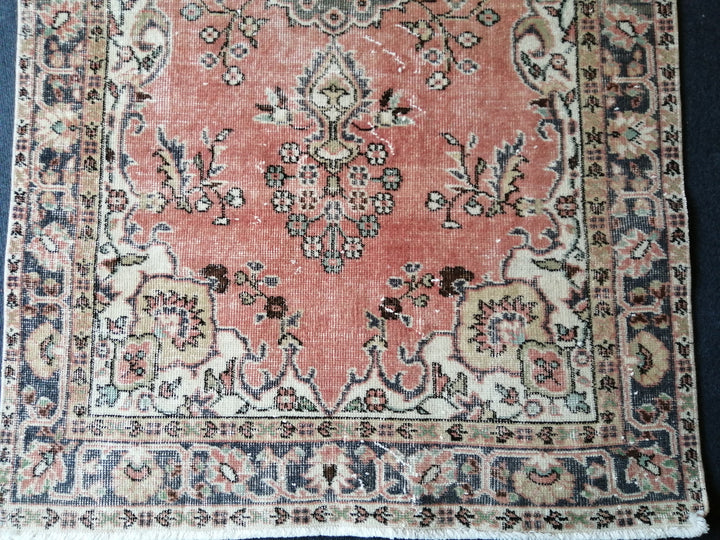 Beige Turkish Distressed Runner Rug 3' 8" x 7' Hand-Knotted | No. WR35780