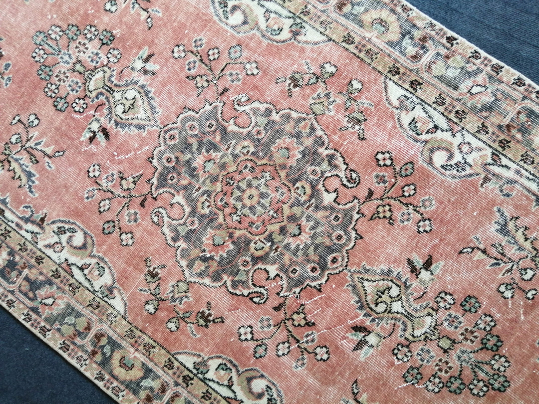Beige Turkish Distressed Runner Rug 3' 8" x 7' Hand-Knotted | No. WR35780