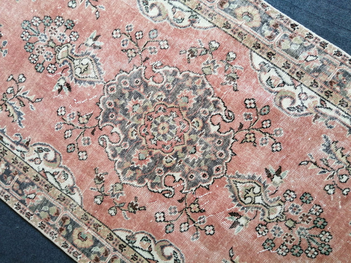 Beige Turkish Distressed Runner Rug 3' 8" x 7' Hand-Knotted | No. WR35780