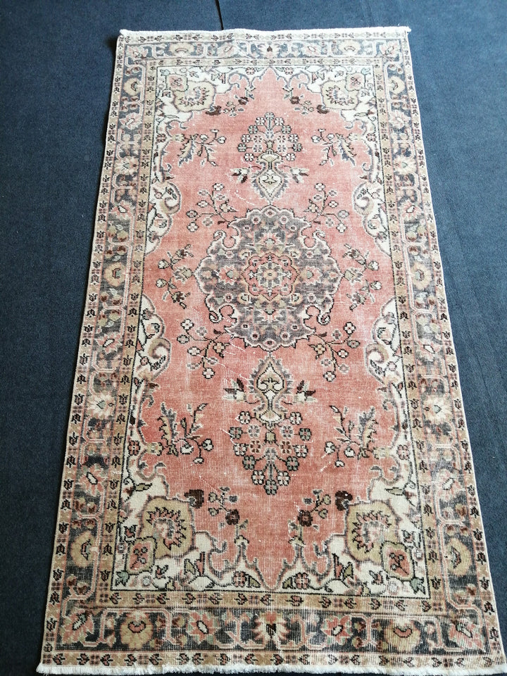 Beige Turkish Distressed Runner Rug 3' 8" x 7' Hand-Knotted | No. WR35780