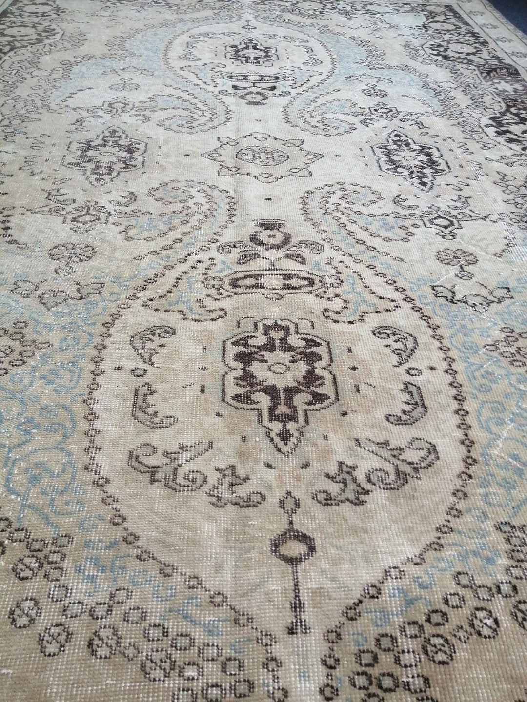 Beige Turkish Runner Rug 6' 8" x 9' 11" Hand-Knotted reverse