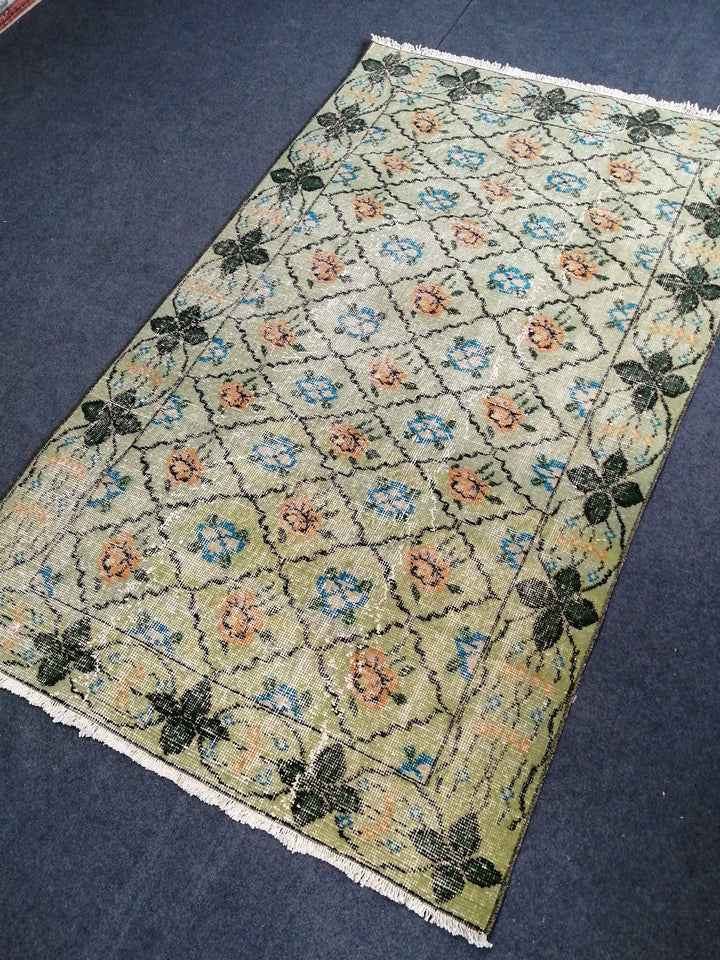 Green Turkish Runner Rug 3' 8" x 6' 2" Hand-Knotted | No. WR60907