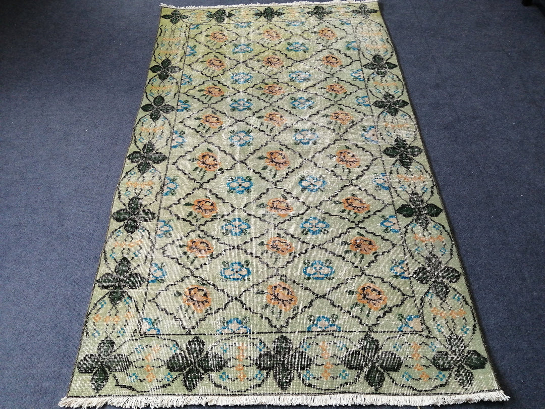 Green Turkish Runner Rug 3' 8" x 6' 2" Hand-Knotted | No. WR60907