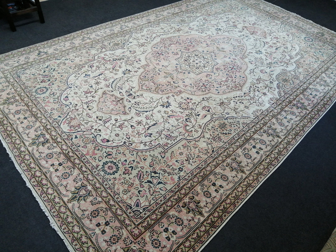 Beige Turkish Runner Rug 6' 8" x 10' 8" Hand-Knotted