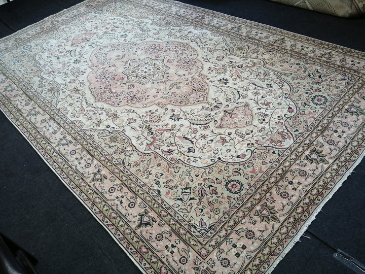 Beige Turkish Runner Rug 6' 8" x 10' 8" Hand-Knotted close-up