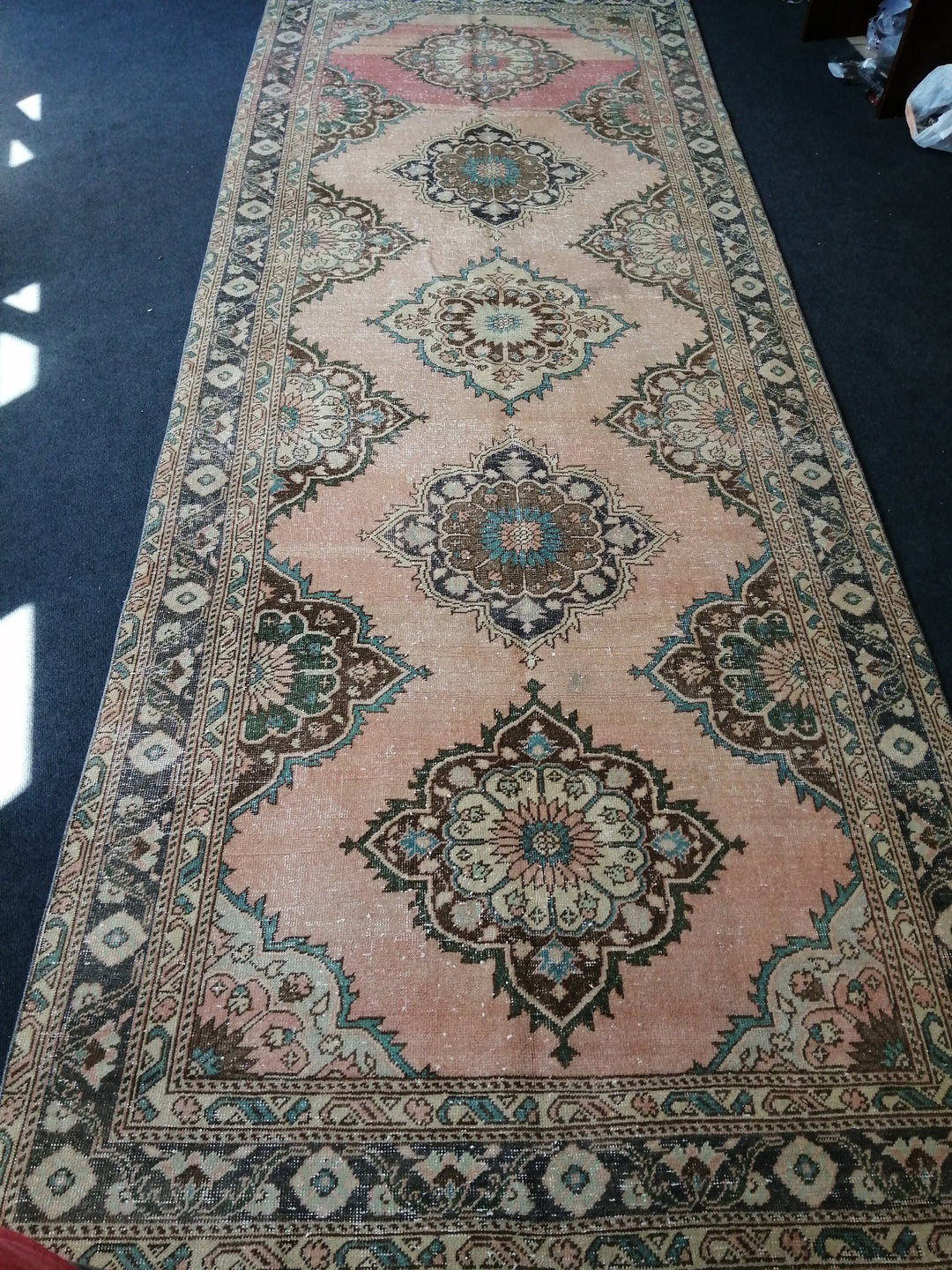 Beige Turkish Runner Rug 4' 10" x 12' 7" Hand-Knotted field