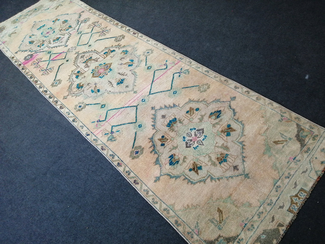 Beige Turkish Runner Rug 3' x 10' 10" Hand-Knotted