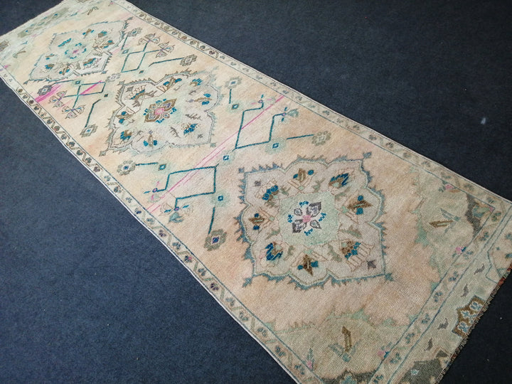 Beige Turkish Runner Rug 3' x 10' 10" Hand-Knotted